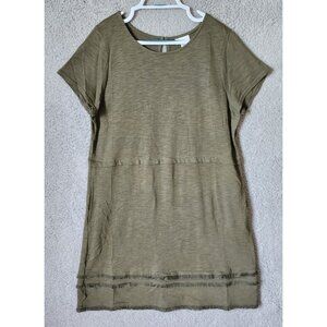 J.Jill Women's Short Sleeve Fringe T-Shirt Shift Dress Mossy Green Comfy Size L